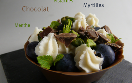 Tartelette en coque de chocolat myrtilles, pistaches, menthe - Photo par nanoudK