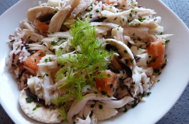 Salade tiède de raie au riz sauvage, pamplemousse et champignons - Carmen