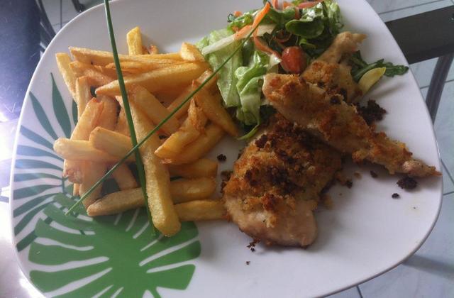 Filet de poulet pané, frites et salade - Photo par akiminho