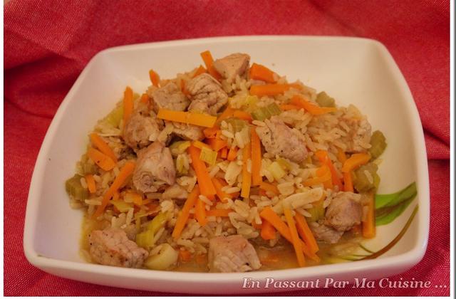Wok de porc, riz et petits légumes à la coriandre et au gingembre - Photo par alixia