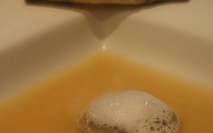 Huître "à cru" dans son bouillon au cidre, tube d'algues et mousse "Granny Smith" - Photo par Marie-Laure du blog : Ça sent beau dans la cuisine