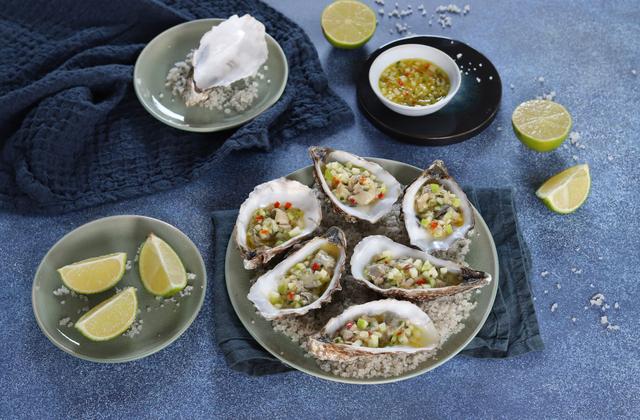 Ceviche d'huîtres au gingembre, pomme Granny et citron vert - Photo par Silvia Santucci