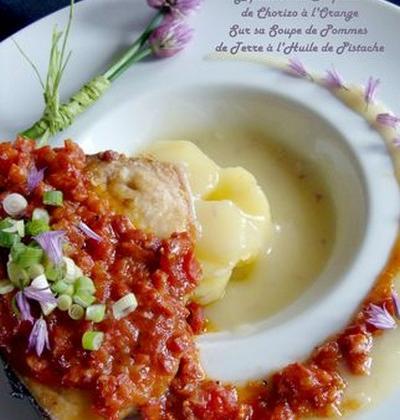 Espadon en confit de chorizo sur soupe de pommes de terre à l'huile de pistache - fabienra