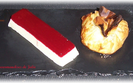 Assiette chocolatée : panna cotta chocolat blanc et framboises, aumônière croustillante au chocolat noir - Photo par julie1s