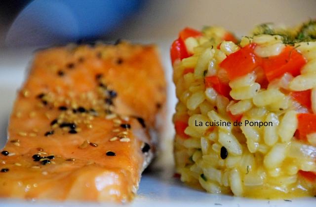 Filet de saumon mariné et son risotto au poivron rouge - Ponpon
