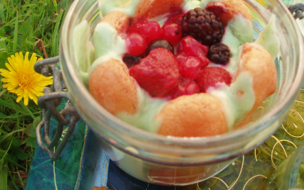 Trio gourmand vert : bocaux de charlotte aux fruits rouges et à la pistache - Photo par brevesdecuisine
