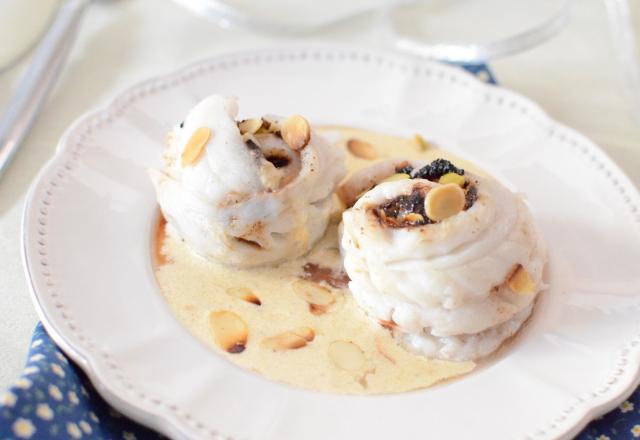 Roulé de cabillaud farci aux olives et aux amandes