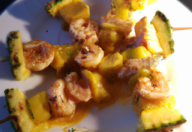 Mes brochettes crevette, courgette et ananas au miel