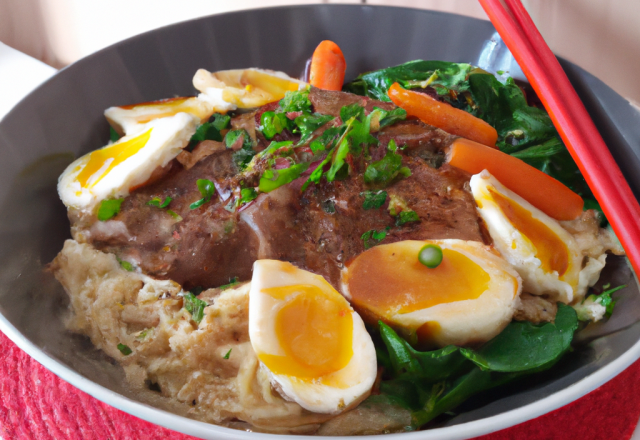 Ramen bœuf comme une omelette, petits légumes verts et bœuf au gingembre