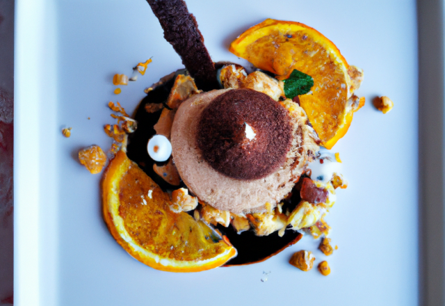 Crème au chocolat-praliné sur lit croustillant à la noisette et sa mousse à l'orange.