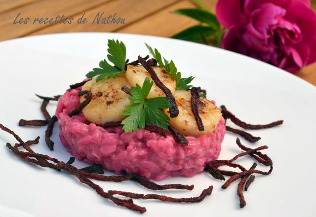 Risotto rose et Saint Jacques poêlées