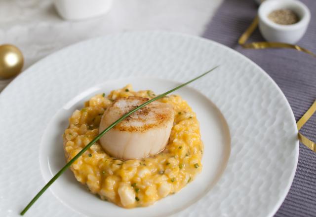 Risotto crémeux de potiron et Ortolan, noix de Saint-Jacques poêlées à l'huile de noisette