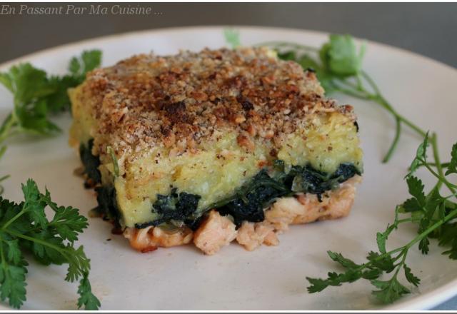 Parmentiers de saumon aux épinards en croûte de noisettes