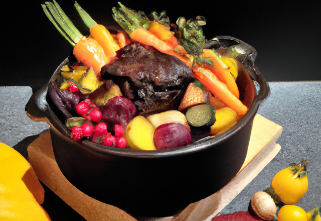 Joue de bœuf braisée bourgeoise, cocotte de légumes et fruits d'automne