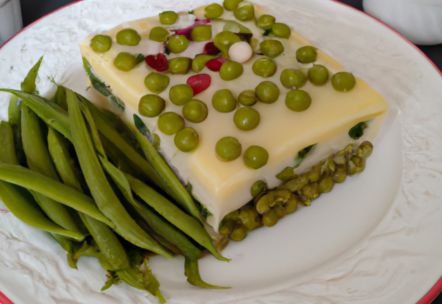 Cake vert au basilic garni de petits pois, haricots verts et surimi