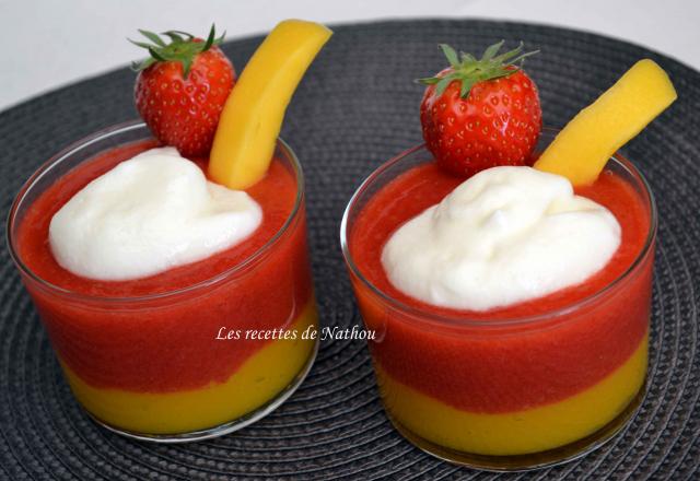 Mousses fraise et mangue, nuage de yaourt vanillé