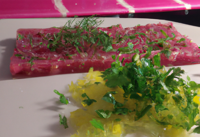 Tartare de magrets de canard fumé minute, nems de fenouil à la coriandre, vinaigrette de citron