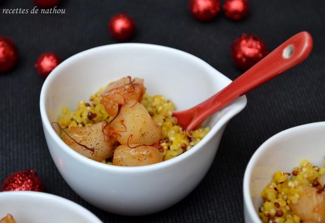 Saint-Jacques caramélisées à la vanille et clémentine, quinoa-boulgour au safran