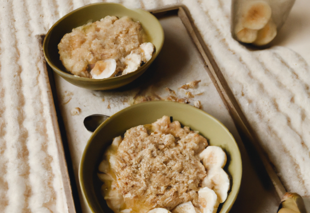 Crème de banane sur son lit de crumble et son sirop de gingembre