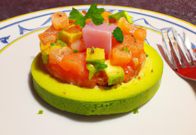 Tartare de saumon fumé crevette et avocat au citron et piment d'Espelette