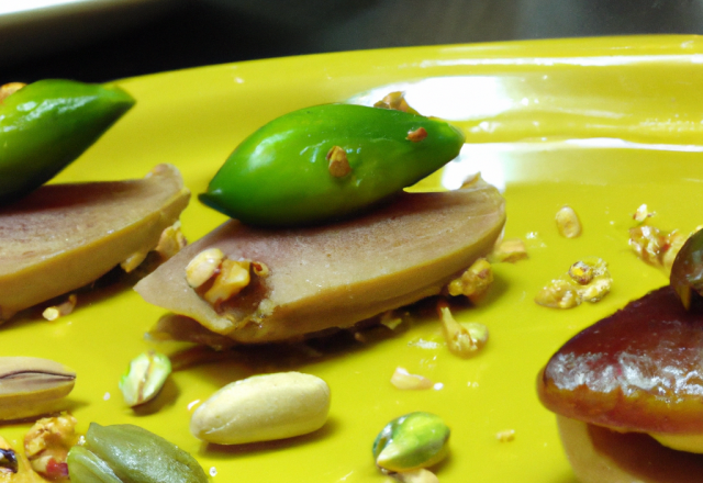 Bouchées de foie gras de canard poêlé et Ratte du Touquet écrasées, pistaches et piment