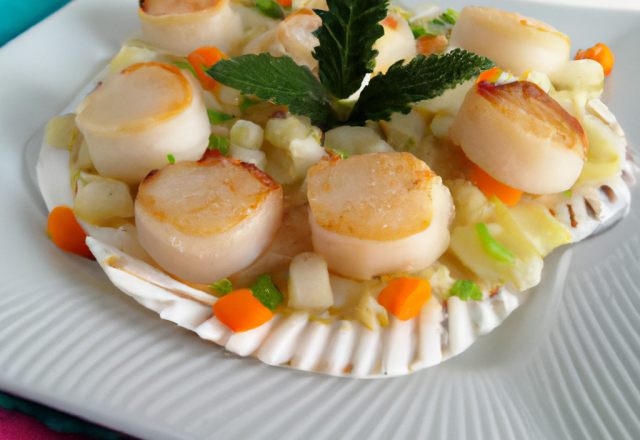 Noix de coquilles St Jacques, étuvée de légumes