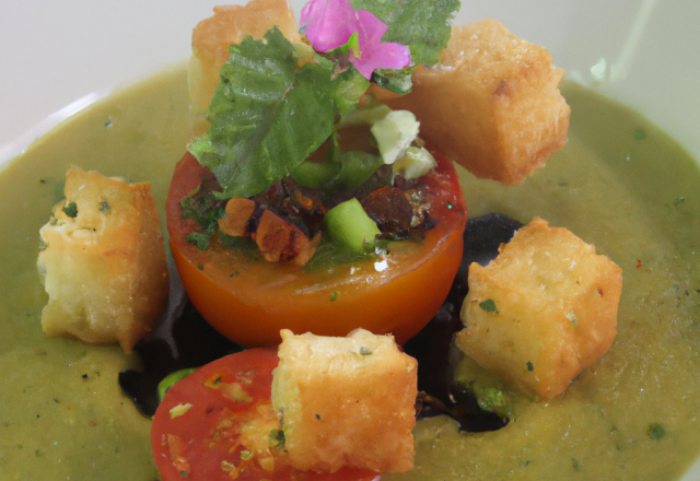 Velouté de tomate glacé crouton de tapenade verte