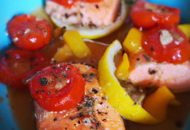 Saumon à la fondue de tomates, poivrons et citron confit.