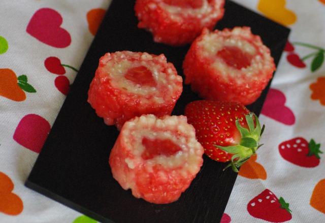 Sushis roses à la fraise et aux pralines roses