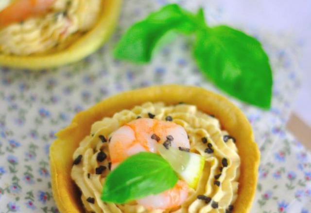 Tartelettes Apérivrais Tartinade aux 3 Poivrons, aux crevettes et éclats d'olives noires