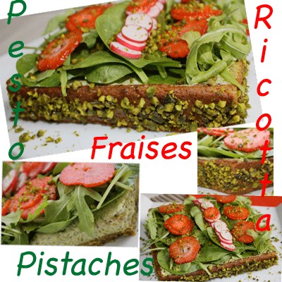 Tarte pistache maison et garniture ricotta pesto pistache, couverture de roquettes, pousse d'épinards, radis roses et fraises