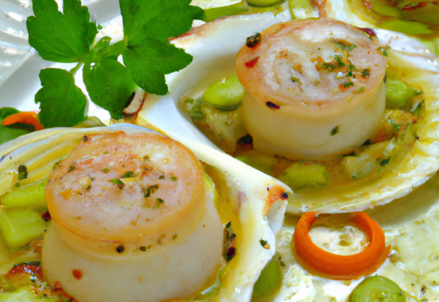 Coquilles Saint-Jacques marinées en roulade de concombre