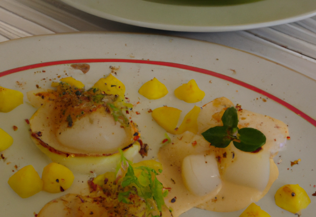 Noix de Saint-Jacques en chaud et froid : saisies, poêlée de pommes au Calvados, fin velouté d'endives / en carpaccio citron vert,endives et pommes à crues, crème acidulée aux herbes.