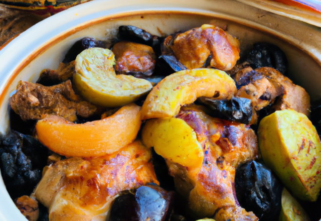 Tajine de poulet, pommes et pruneaux