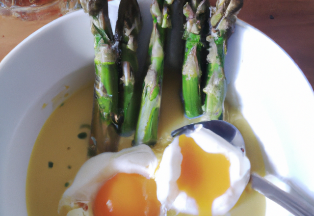 Asperges vertes, bouillon au thé vert, huîtres et œuf de poulette poché