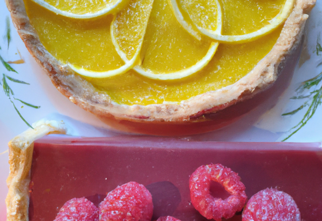 Tarte au citron, miroir de framboise, sur fond macaroné