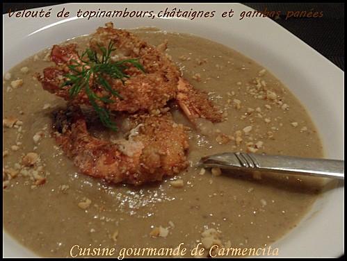 Velouté de topinambour, châtaigne et gambas panées