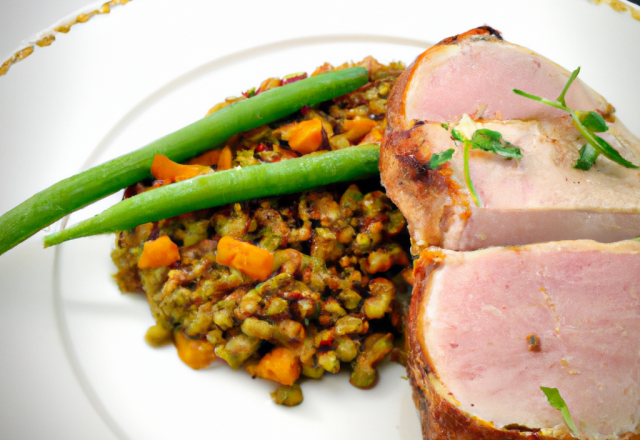 Filet de porc fermier rôti à la plancha, Lentilles Vertes du Puy aux brins de légumes