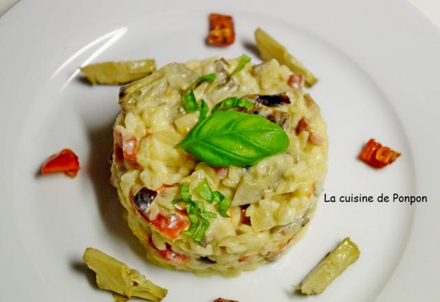 Risotto aux artichauts, tomates confites et lardons