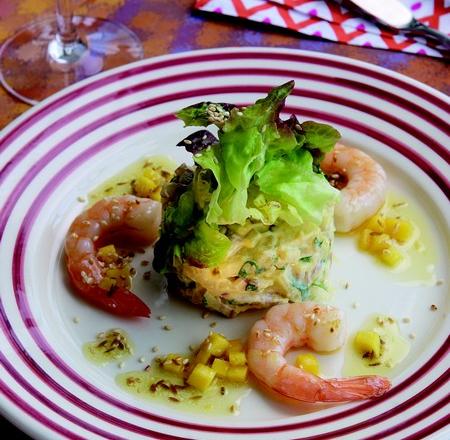 Salade de Chérie à l'indienne et gambas rôties