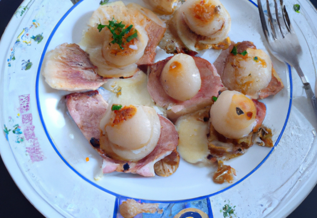 Feuillantine de coquilles saint-jacques dieppoise et d'andouille de Vire, sauce camembert