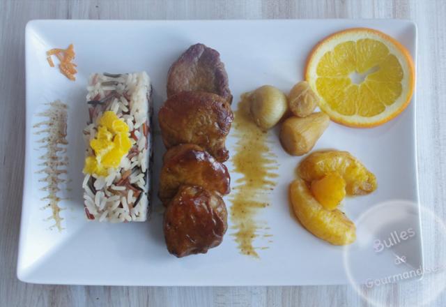 Filet mignon de porc à l'orange, au miel et petits oignons