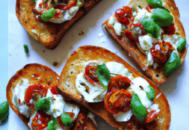 Toasts de ricotta, basilic et tomates séchées