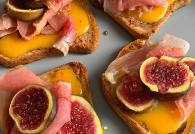 Tartines de jambon cru et figues fraîches, gaspacho de mangue