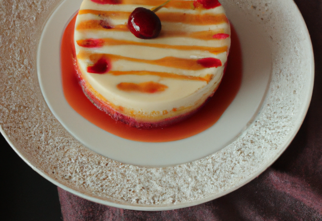 Gâteau au rhum avec coulis de fraise et cerise