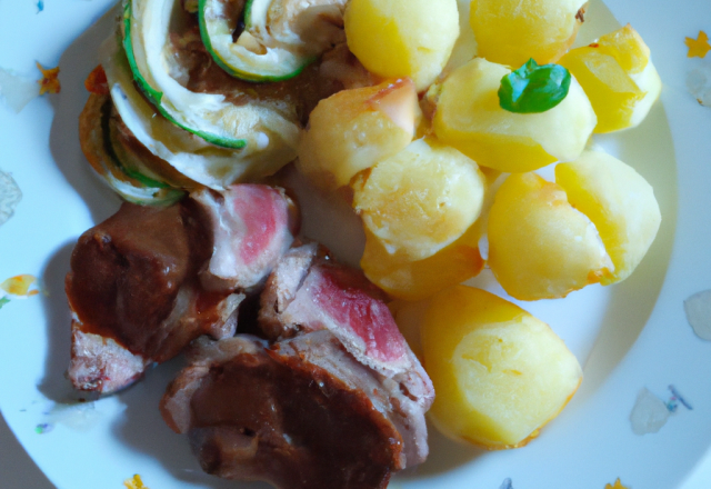 Paillasson de pommes de terre et courgettes, accompagné de son épaule d'agneau