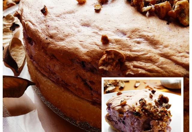 Tarte soufflée à la rhubarbe et à la mûre, noisettes croquantes au caramel salé