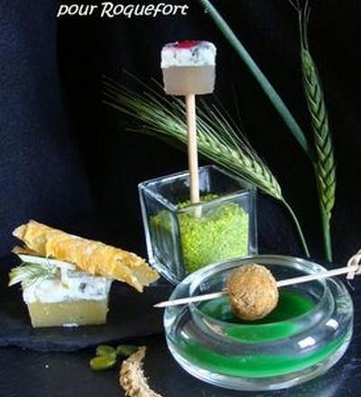 Entre Fromage et Dessert :Trilogie en Vert pour Roquefort Papillon (La sucette à la Poire Parfumée à la Framboise - Le Cube Crusti-Fondant d'Ananas au Fenouil et Granny  - La Praline de Roquefort à la pistache et son Jus de