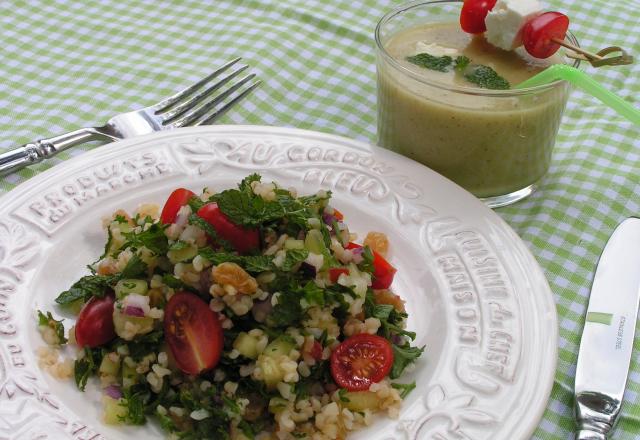 Taboulé et soupe froide de concombre à la menthe