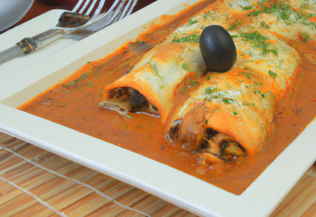 Cannellonis de poulet fermier d'Auvergne aux champignons de Paris, lait d'olives noires et purée de tomate